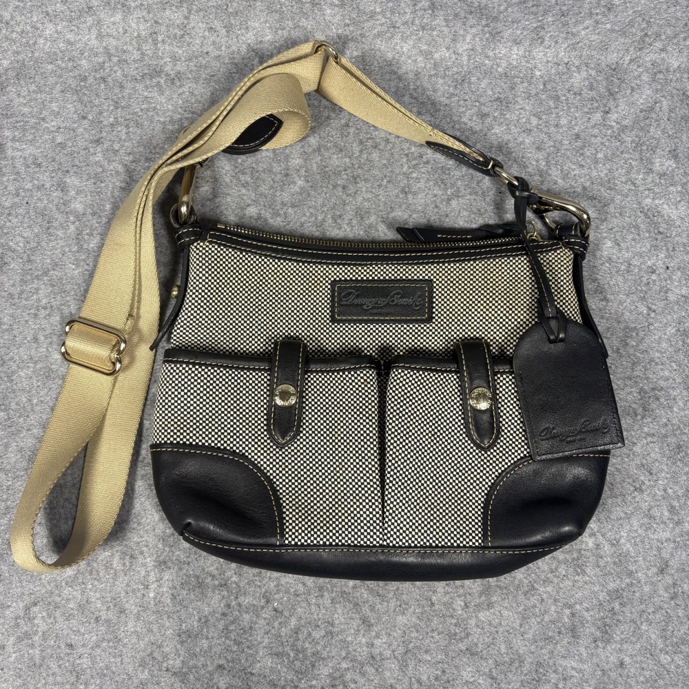 Dooney & Bourke Checkered Canvas Crossbody Bag Small Black Cream Leather Trim